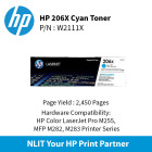 HP 206X Cyan Laserjet Toner : 2450pgs : W2111X