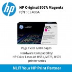HP Original Toner : HP 507A Magenta : 6,000pgs : CE403A :  2 Years Direct HP Warranty
