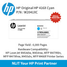 HP Original Toner : HP 416XC Cyan : Large : 6,000pgs : W2041X : 2 Years Direct HP Warranty