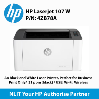 HP Laser 107w (4ZB78A) A4 Mono Print Only , Up to 20ppm, USB, Wireless, 3 Years Warranty (TNG)