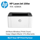 HP Laser 108w (4ZB80A) A4 Mono Print Only , Up to 20ppm, USB, Wireless, 3 Years Warranty (TNG)