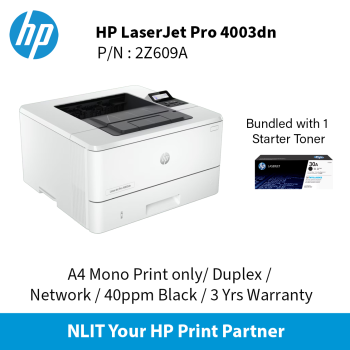 HP LaserJet Pro 4003dn (2Z609A) Printer A4 Mono Print only, Duplex, Network, 40ppm Black, 3 Yrs Warranty, Bundled 1 Starter Toner