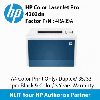 HP Color LaserJet Pro 4203dn ( 4RA89A) A4 Color Laser Print Only, Duplex, 35/33 ppm Black & Color, 3 Years Warranty