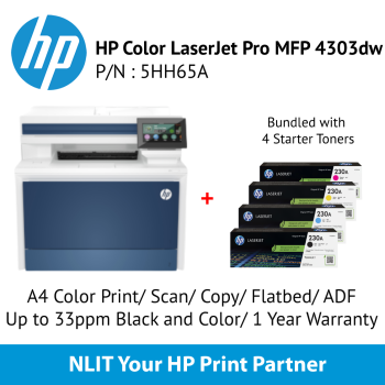 HP Color LaserJet Pro MFP 4303dw (5HH65A) A4 Color Printer, Scan, Copy, Flatbed, ADF, Up to 33ppm Black and Color, 1 Year Warranty, Bundled 4 Starter Toners