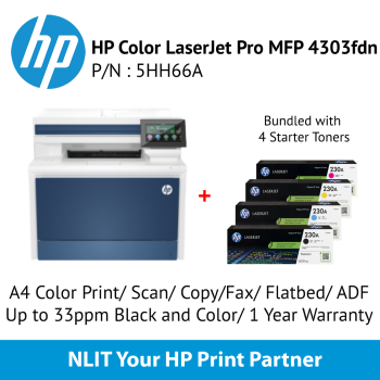 HP Color LaserJet Pro MFP 4303fdn (5HH66A) A4 Color Printer, Scan, Fax, Copy, Flatbed, ADF, Up to 33ppm Black and Color, 1 Year Warranty, Bundled 1 Starter Toner Pack
