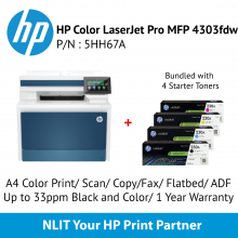 HP Color LaserJet Pro MFP 4303fdw (5HH67A) A4 Color Printer, Scan, Fax, Copy, Flatbed, ADF, Up to 33ppm Black and Color, 3 Year Onsite Warranty, Bundled 2 Set Starter Toner Pack, Black Cyan Yellow Magenta