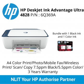 HP DeskJet Ink Advantage Ultra 4828 All-in-One Printer: 6Q369A : A4 Print, Scan, Copy, Fax, 7.5ppm Black, 5.5ppm color, 3 Yrs Warranty