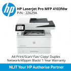 HP LaserJet Pro MFP 4103fdw Printer A4 Print/Scan/ Fax/ Copy/ Duplex/ Network/ 40ppm Black/ 1 Year Warranty