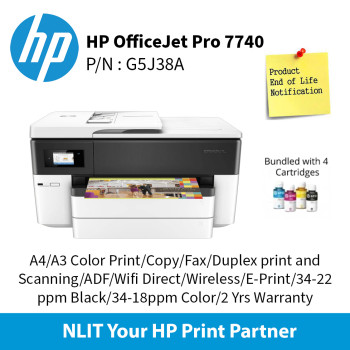 HP OfficeJet Pro 7740,  A4/A3 Color Print, A4/A3 Color Scan, Copy, Fax, Duplex Print, Duplex Scaning, ADF, Wifi Direct, Wireless, E-Print, 34-22ppm Black, 34-18ppm color, 2 Yrs Warranty Bundled 4 Cartridges (TNG)