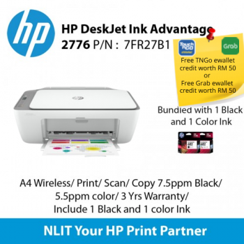 HP DeskJet Ink Advantage 2776 Printer : A4 Wireless,  Print, Scan, Copy 7.5ppm Black, 5.5ppm color, 3 Yrs Warranty, Include 1 Black and 1 color Ink (TNG)