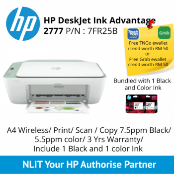 HP DeskJet Ink Advantage 2777 Printer : A4 Wireless,  Print, Scan, Copy 7.5ppm Black, 5.5ppm color, 3 Yrs Warranty, Include 1 Black and 1 color Ink (TNG)
