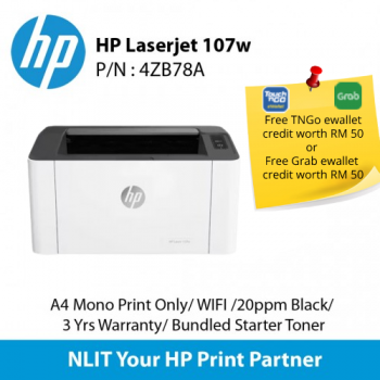 HP Laser 107w (4ZB78A)  A4 Mono Print Only , Up to 20ppm, USB, Wireless, 3 Years Warranty (TNG)