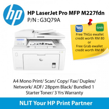 HP LaserJet Pro MFP M227fdn (G3Q79A) A4 Mono Print, Scan, Copy, Fax, Duplex, Network, ADF, 28ppm Black, 3 Yrs Warranty (TNG)