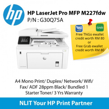 HP LaserJet Pro MFP M227fdw (G3Q75A) A4 Mono Print, Duplex, Network, Wireless, Fax, ADF, 28ppm Black, 3 Yrs Warranty  (TNG)