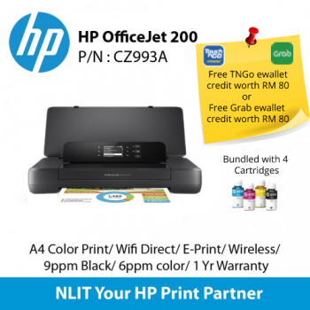 HP OfficeJet 200 Mobile Printer, A4 Color Print, Wifi Direct, E-Print, Wireless, 9ppm Black, 6ppm color, 1 Yr Warranty Bundled 4 Cartridges (TNG)