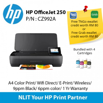 HP OfficeJet 250 AiO Mobile Printer, A4 Color Print, Scan, Copy,  Wifi Direct, Wireless, 9ppm Black, 6ppm color, 1 Yr Warranty Bundled 4 Cartridges (TNG)