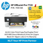 HP OfficeJet Pro 7720,  A4/A3 Color Print, A4 Color Scan, Copy, Fax, Duplex Print, ADF, Wifi Direct, Wireless, E-Print, 34-22ppm Black, 34-18ppm color, 2 Yrs Warranty Bundled 4 Cartrudges (TNG)