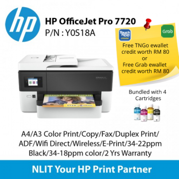 HP OfficeJet Pro 7720,  A4/A3 Color Print, A4 Color Scan, Copy, Fax, Duplex Print, ADF, Wifi Direct, Wireless, E-Print, 34-22ppm Black, 34-18ppm color, 2 Yrs Warranty Bundled 4 Cartridges (TNG)
