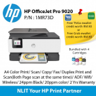 HP Officejet Pro 9020 Printer, A4 Color Print, Scan, Copy,  Fax, Duplex Print, Duplex Scan (Both Page scan  at the same time), ADF, Wifi Direct, Wireless, 24ppm Black, 20ppm color, 2 Yrs Warranty Bundled 4 ink Cartridges (TNG)