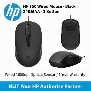 HP 150 Wired Mouse  - 3 Button - 1600dpi Black 240J6AA 1 Year Warranty