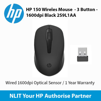 HP 150 Wireles Mouse  - 3 Button - 1600dpi Black 2S9L1AA 1 Year Warranty