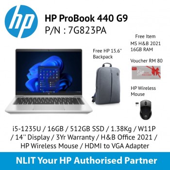 HP ProBook 440 G9 7G823PA  (i5-1235U / 16GB / 512GB SSD / 1.38Kg / W11P / 14'' Display / 3Yr Warranty / H&B Office 2021 /  HP Wireless Mouse / HDMI to VGA Adapter)