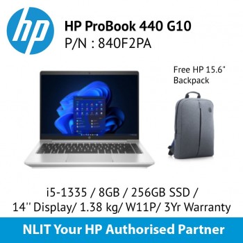 HP ProBook 440 G10 i5-1335U / 8GB DDR4 / 256GB SSD / 14" Display/ 1.38Kg/ W11P/ 1Yr Warranty/15.6" Carrying Case SKU : 840F2PA
