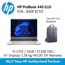 HP ProBook 440 G10 i5-1335U / 16GB DDR4 / 512GB SSD / 14" Display/ 1.38Kg/ W11P/ 3Yr Warranty SKU : 840F3CTO