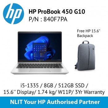 HP ProBook 450 G10 i5-1335U / 8GB DDR4 / 512GB SSD / 15.6" Display/ 1.74Kg/ W11P/3Yr Warranty / Backpack SKU : 840F7PA
