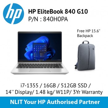 HP EliteBook 840 G10 i7-1355/16GB/512GB/W11P/14" / 3 Yrs Onsite Warranty , Backpack, USB-C to VGA & Wolf Security 1 yr SKU : 840H0PA