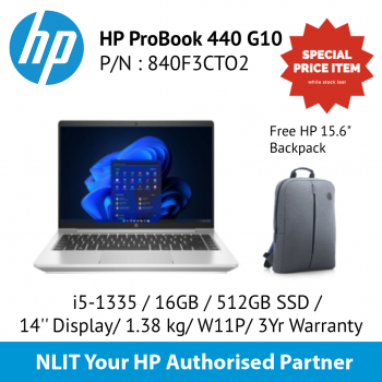 HP ProBook 440 G10 i5-1335U / 16GB DDR4 / 512GB SSD / 14" Display/ 1.38Kg/ W11P/BackPack/3Yr Warranty SKU : 840F3CTO2