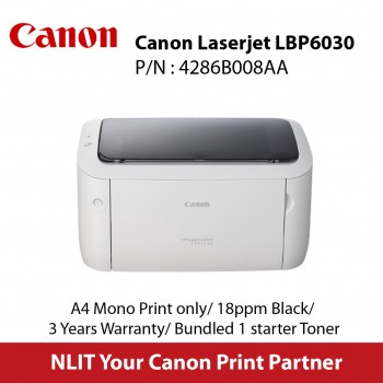 Canon Laserjet LBP6030 , A4 Mono Print only, 18ppm Black,  3 Yrs Warranty, Bundled 1 starter Toner
