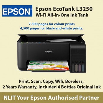 Epson EcoTank L3250, A4 color Print,  Wireless, Wifi Diect, Borderless, Photo, scan, copy, 10.5ppm black, 5ppm color , 2 Yrs Warranty, Bundled with 4 bottles original Epson Ink