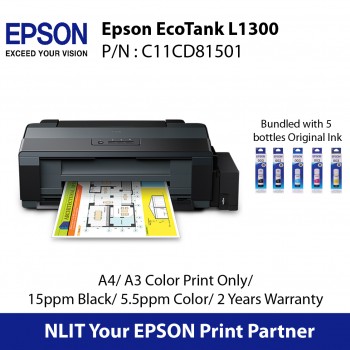 Epson EcoTank L1300,  A4/ A3 Color Print Only - 15ppm Black, 5.5ppm - Color; 2 Years Warranty : Bundled 5 bottles Original Ink  