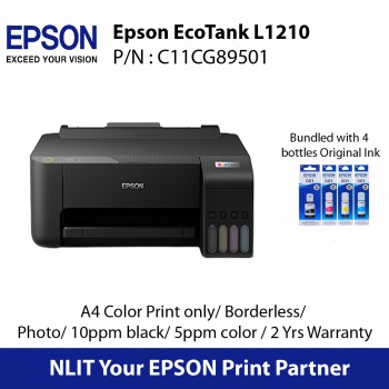 Epson EcoTank L1210 , A4, Color Print only, Borderless, Photo, 10ppm black, 5ppm color , 2 Yrs Warranty, Bundled 4 bottles original Epson Ink 