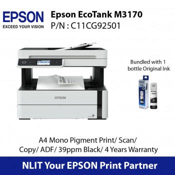 Epson EcoTank M3170, A4 Mono Pigment Print, Scan, Copy ,ADF,  39ppm Black,  4 Years Warranty :Bundled 1 bottle Ink 
