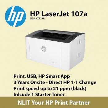 HP Laserjet 107a,  A4 Mono Print only, 20ppm Black, 3 Yrs Warranty, Bundled Starter Toner.