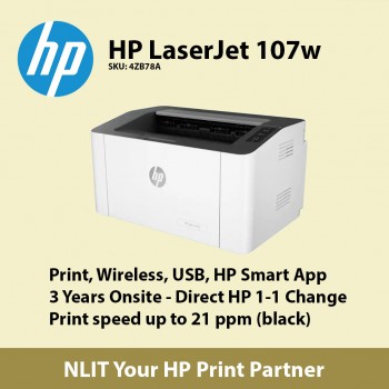 HP Laserjet 107w,  A4 Mono Print Only , WIFI , 20ppm Black, 3 Yrs Warranty, Bundled Starter Toner, Ewallet RM80.00 Claims before 14/5/2022