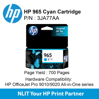 HP 965 Cyan Original Ink Cartridge : 700 pgs : 3JA77AA