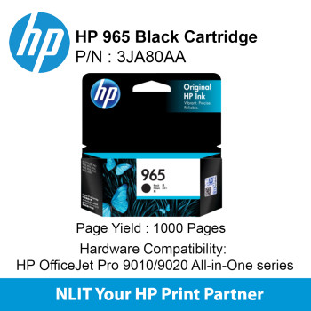 HP 965 Black Original Ink Cartridge : 1,00 pgs : 3JA80AA