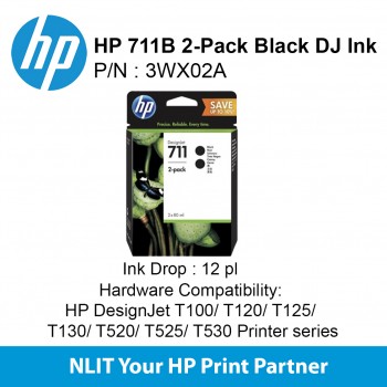 HP 711B 2-Pack 80-ml Black DesignJet Ink Cartridges 3WX02A