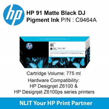 HP 91 775-ml Matte Black DesignJet Pigment Ink Cartridge C9464A