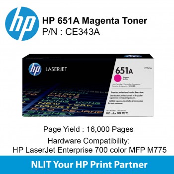 HP Original Toner : HP 651AC Magenta : 16000pgs : CE343AC : 2 Yrs Warranty CE343AC