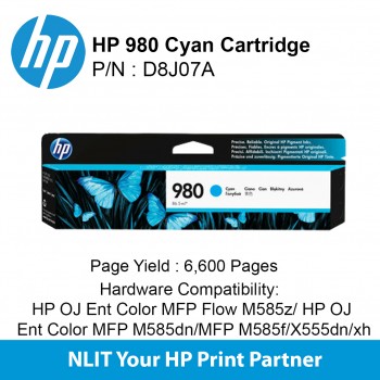 HP Original Toner : HP 980 Cyan : Std : 6,600pgs : D8J07A : 6 Months Warranty D8J07A