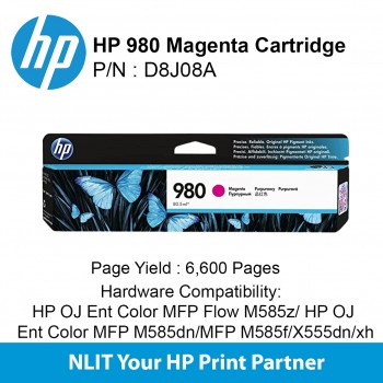 HP Original Toner : HP 980 Magenta : Std : 6,600pgs : D8J08A : 6 Months Warranty D8J08A