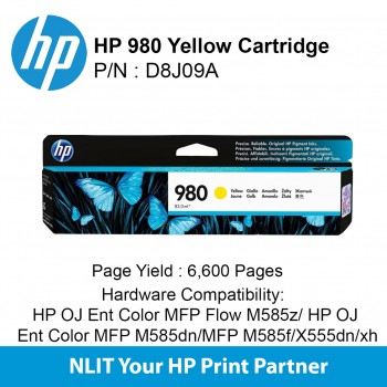 HP Original Toner : HP 980 Yellow : Std : 6,600pgs : D8J09A : 6 Months Warranty D8J09A