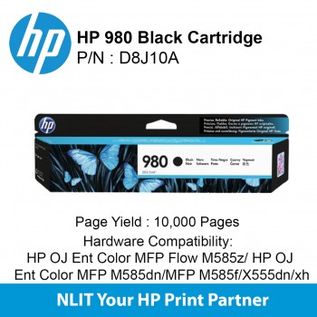 HP Original Toner : HP 980 Black : Std : 10,000pgs : D8J10A : 6 Months Warranty D8J10A