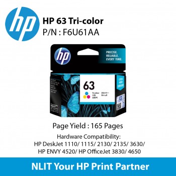 HP 63 Tri-color Ink Cartridge : 165 pgs : F6U61AA