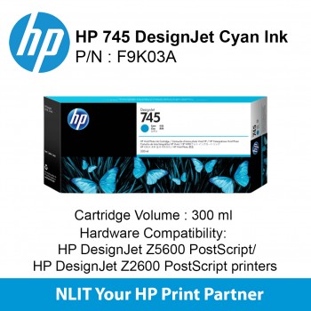 HP 745 300-ml DesignJet Cyan Ink Cartridge F9K03A