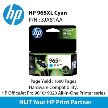 HP 965XL Cyan Original Ink Cartridge : 1,600 pgs : 3JA81AA